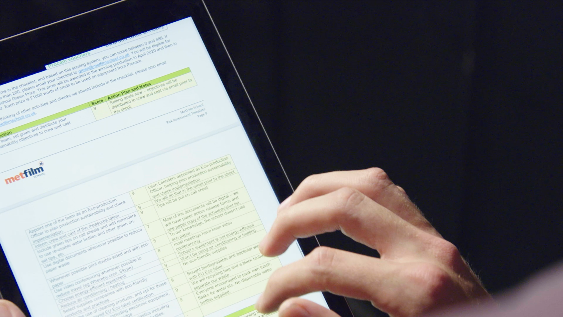 Close-up of a tablet with a digital film production document